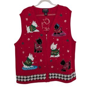 Designers Studio Christmas Dog Sweater Vest Womens Size XL Red Winter V Neck Zip